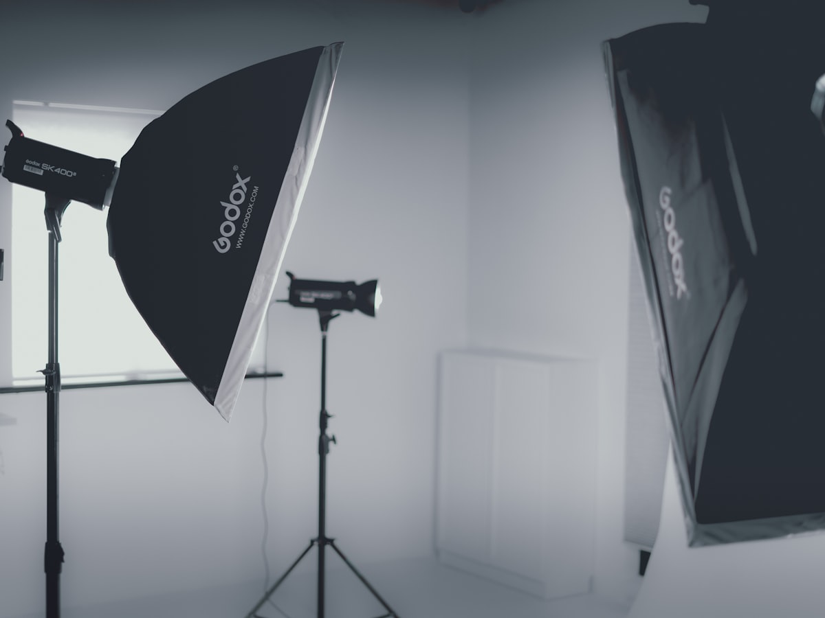 Softbox studio lights set up for a commercial photography shoot