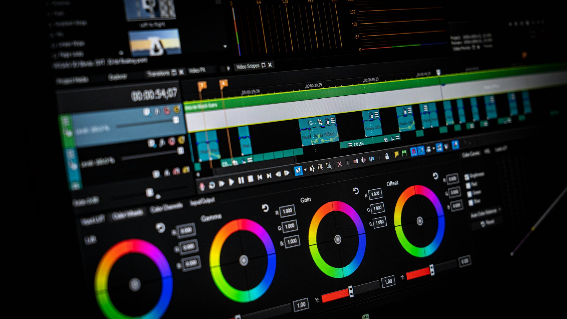 Color grading timeline and wheels in video editing software during post-production